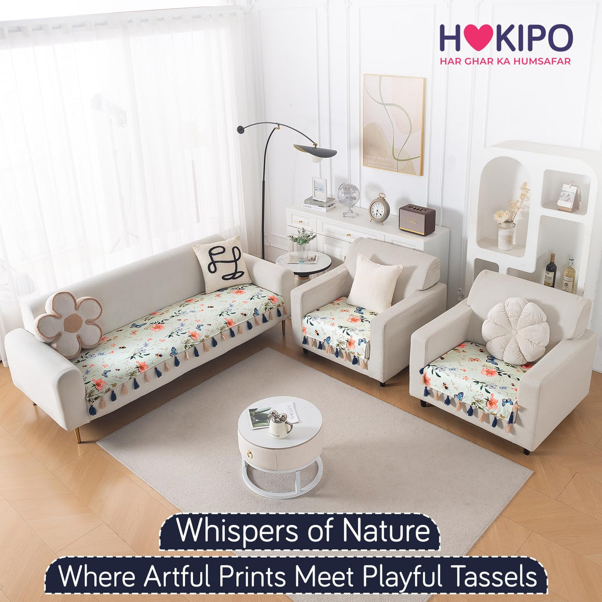 'Whispers of Nature' Series Holland Velvet Sofa Seat Mat with Tassel, Pastel Butterfly Meadow