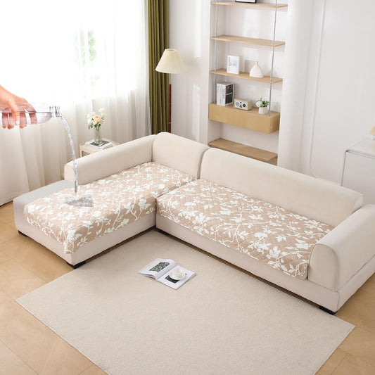 HOKIPO Waterproof Printed Quilted Quick Dry L Shape Sofa Seat Cover Mat, Buff Brown Sillehoute Floral