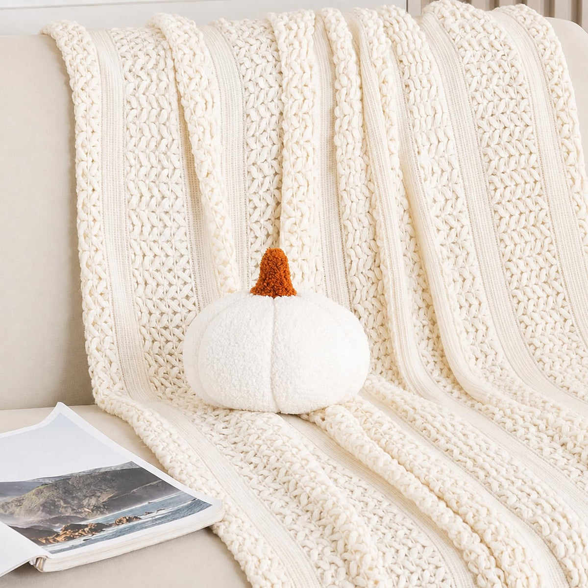 HOKIPO Pumpkin Shaped Plush Cushion for Autumn Decor, 19 cm, White