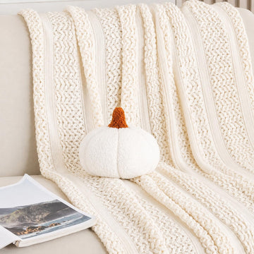 HOKIPO Pumpkin Shaped Plush Cushion for Autumn Decor, 19 cm, White