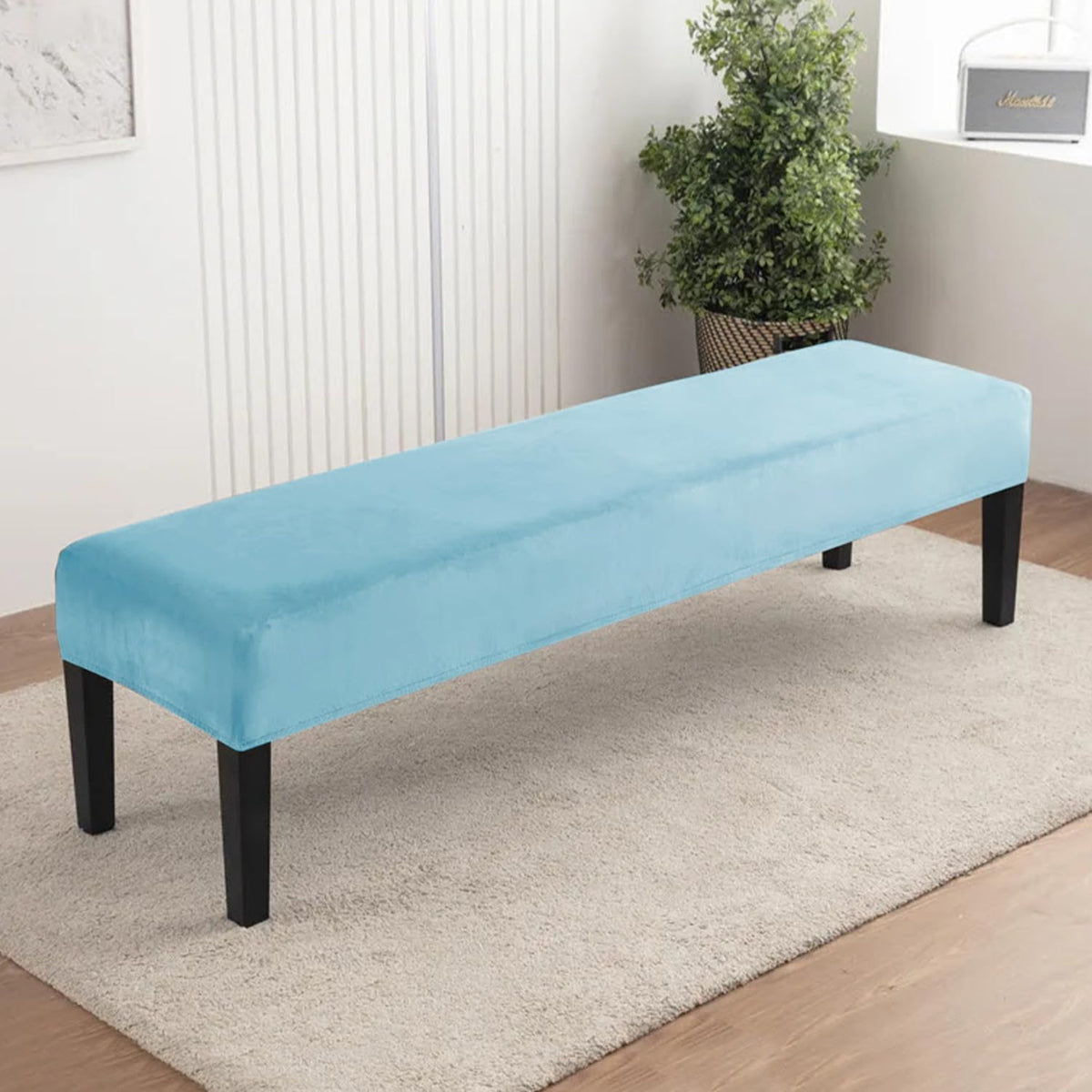 Elastic Fitted Dining Bench Slipcover, Sky Blue