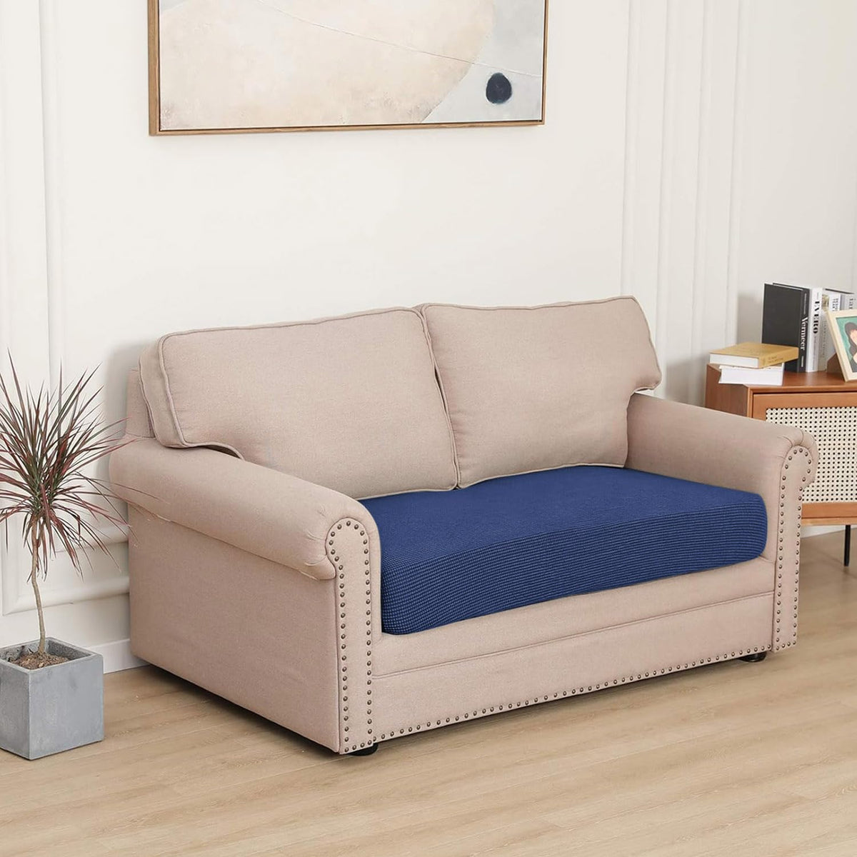 Stretchable Thick Jacquard Textured Seat Cushion Cover for 1/2/3 Seaters / Pieces for Sofa, Navy Blue