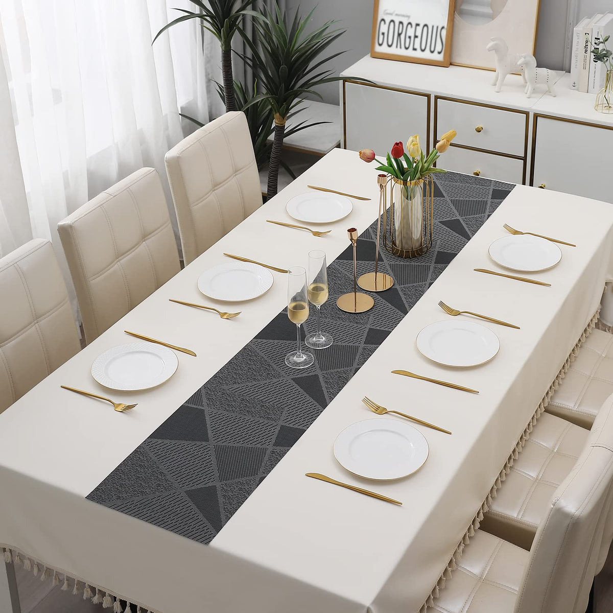 Buy Abstract Black Colour PVC Runner for Dining Table | HOKIPO
