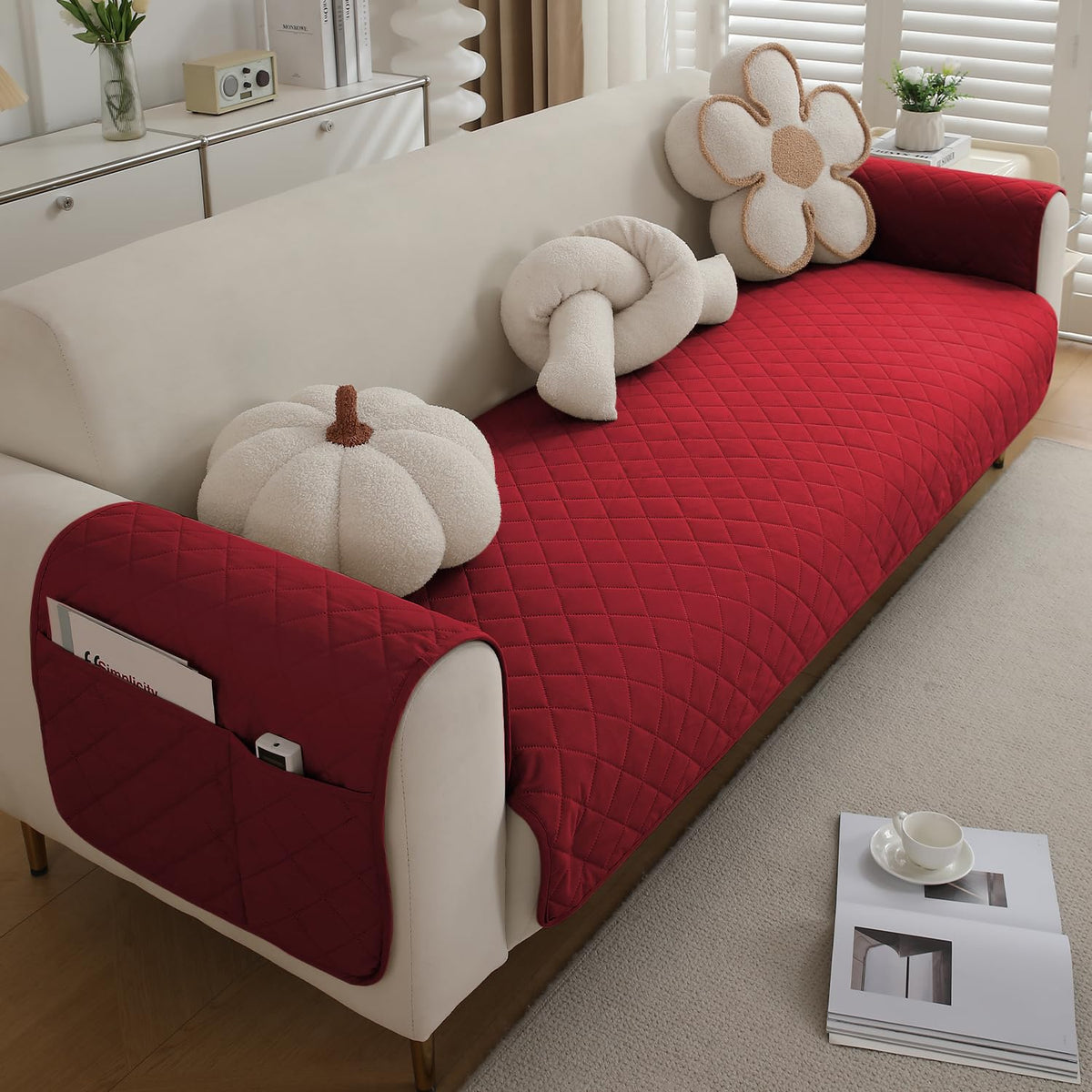 Quilted Waterproof Sofa Seat Mat for 1/2/3 Seater Sofa with 2 Armrest Covers with Pockets, Red