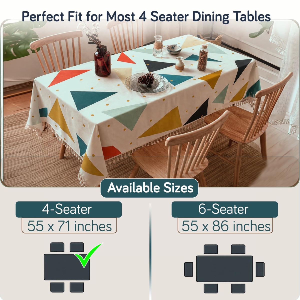 HOKIPO ShieldQuilt Table Cloth with Tassel Edge for 4/6 Seater, Modern Triangle - image 2