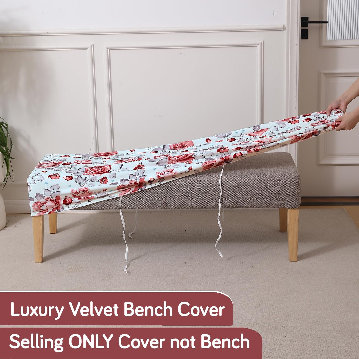 Premium Printed Velvet Stretchable Dining Bench Slipcover, Red Cottage Rose