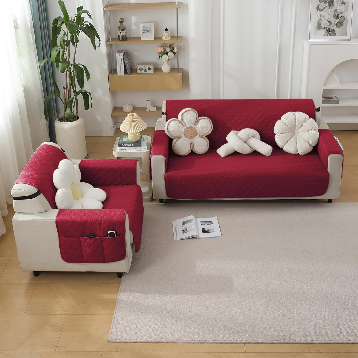 Red quilted waterproof sofa cover set with side pockets on armrest, fitted on 1 seater and 2 seater sofas