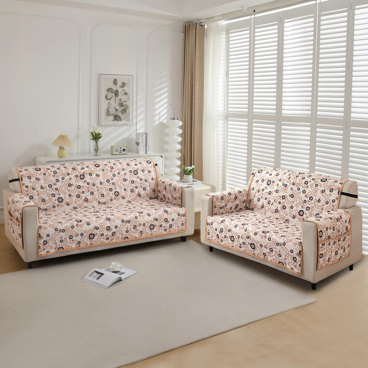 Quilted Sofa Cover with Pockets, Light Peach Candytuft