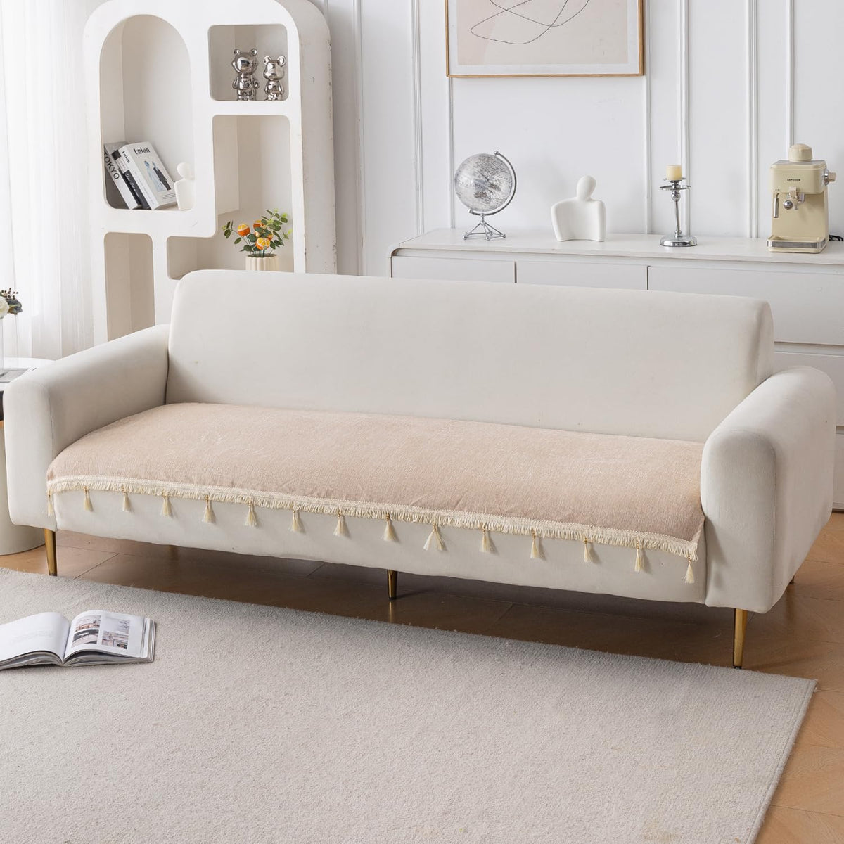 Serenity Tassel Chenille Sofa Cover with Tassel – Ivory Fringe