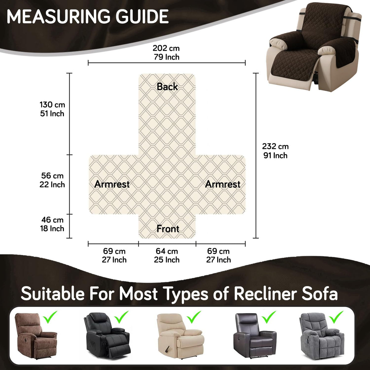 UrbanQuilt Recliner Sofa Slipcover Mat with Dual Belt for 1/2/3 Seater -  Chocolate Brown
