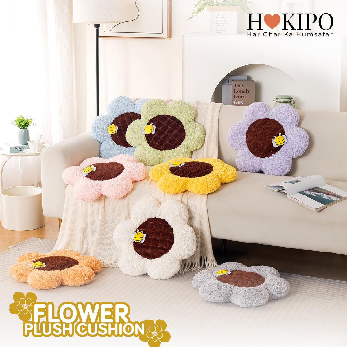HOKIPO Sunflower Bee Cushion for Sofa & Bed, 50 cm, Yellow