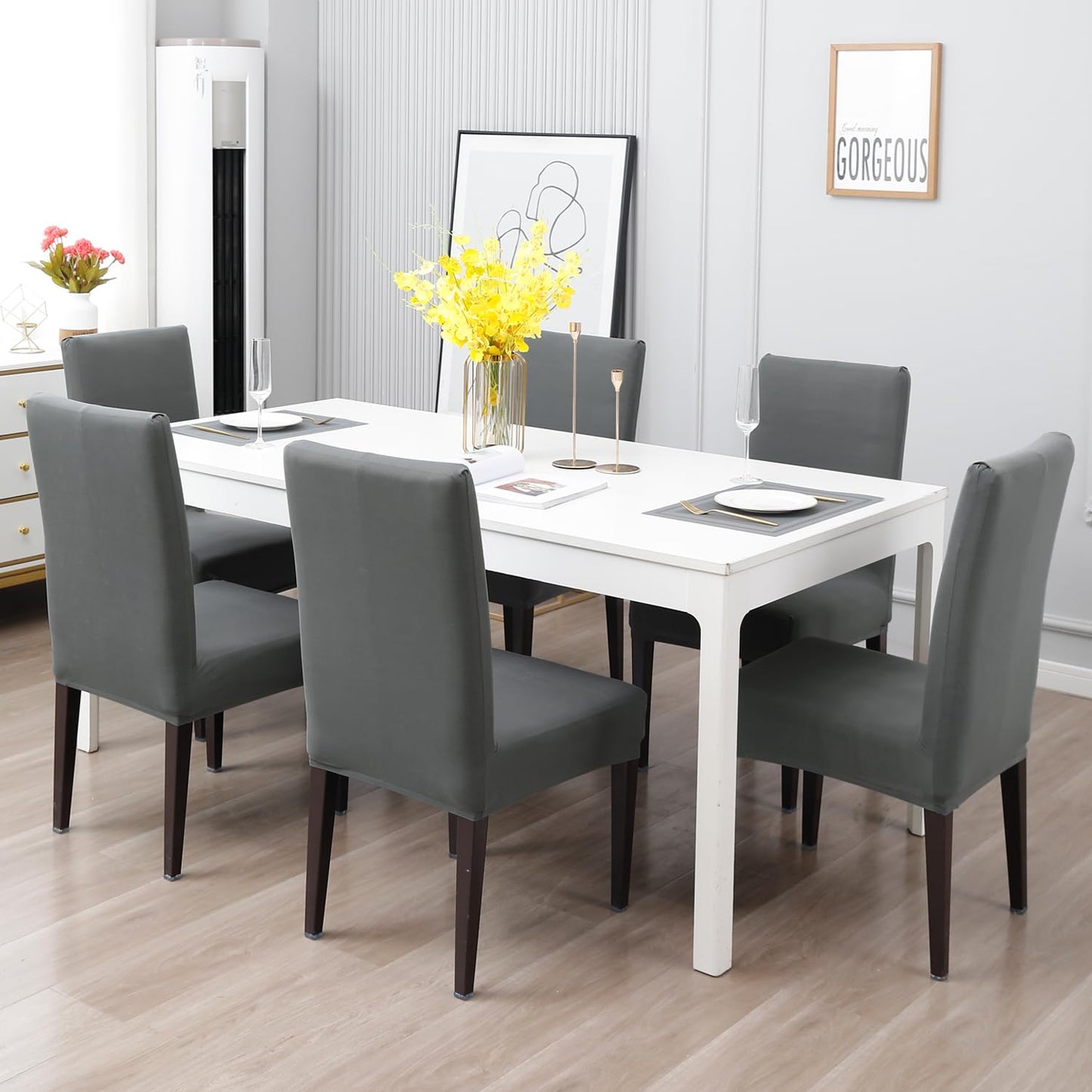Elastic Stretchable Water Resistant Dining Chair Cover, Dark Grey