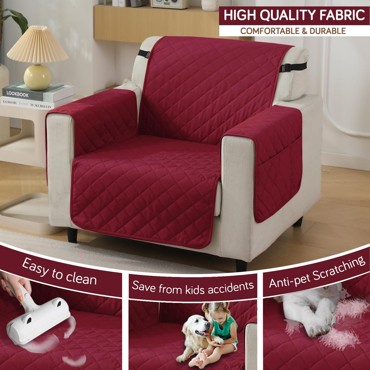 Maroon colour Quilted Waterproof Sofa Protector for 1 Seater – Durable, Comfortable & Anti-Slip