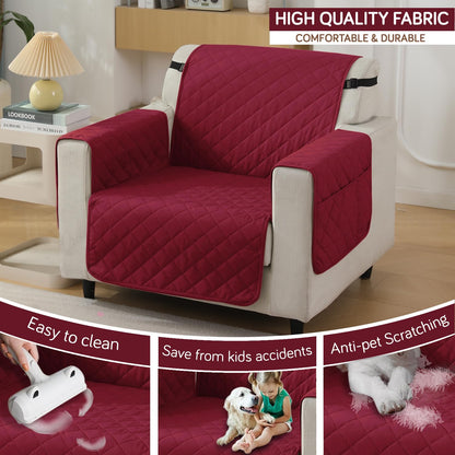 Quilted Waterproof Sofa Cover Mat with Pockets on Armrest Cover - Maroon