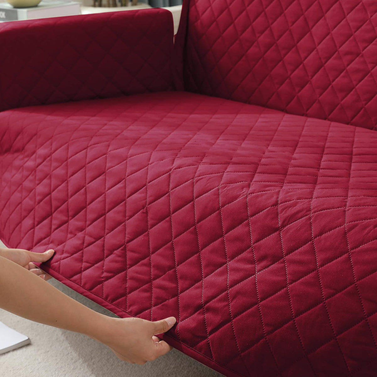 Maroon Fully fitted quilted waterproof sofa cover | Hokipo