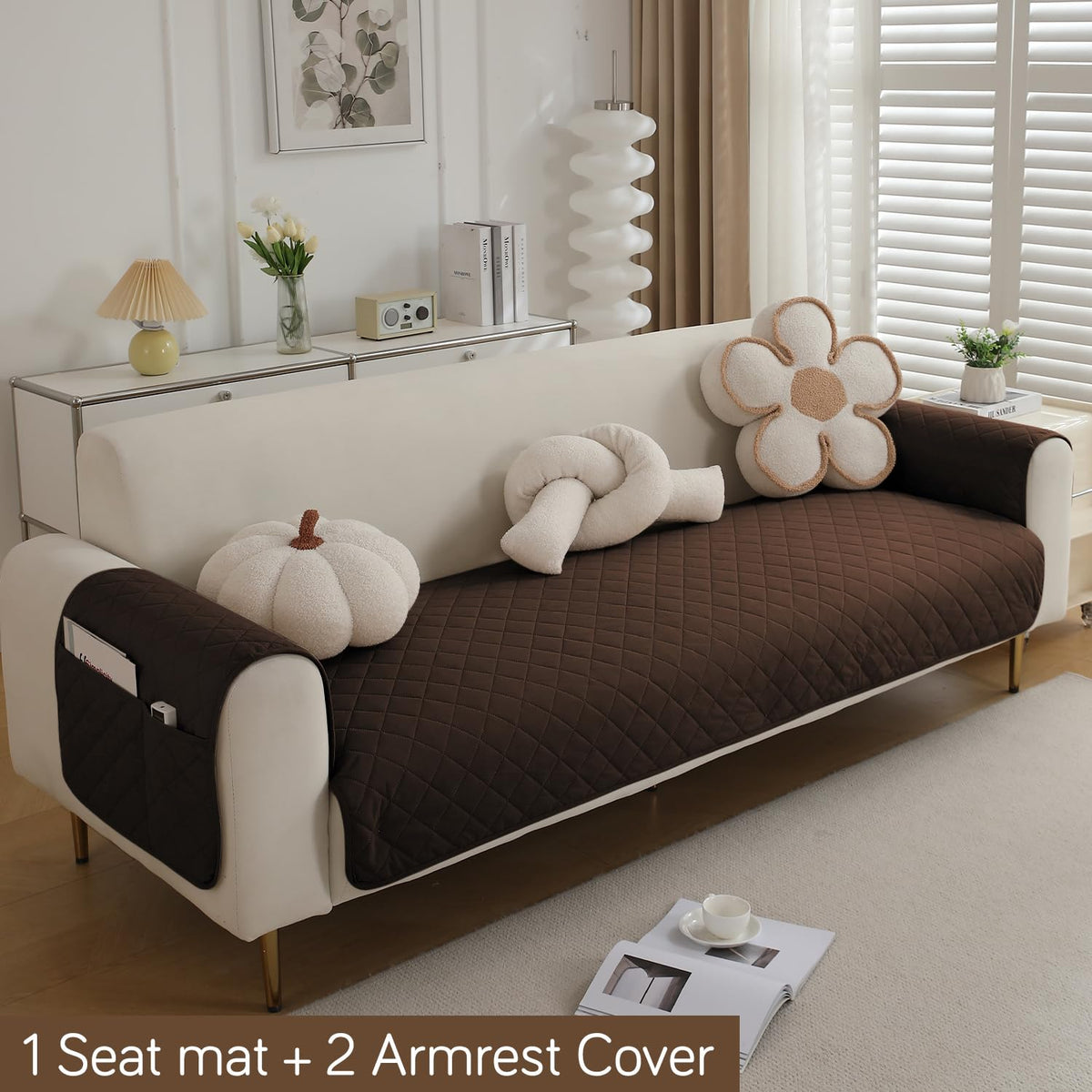 Quilted Waterproof Sofa Seat Mat for 1/2/3 Seater Sofa with 2 Armrest Covers with Pockets, Brown