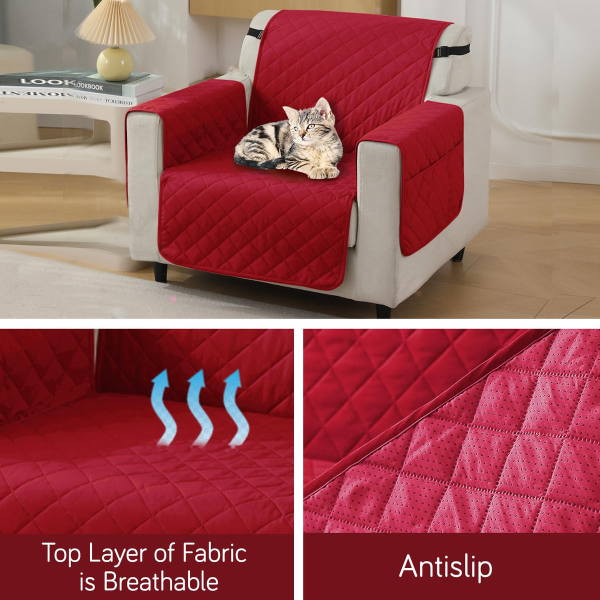 Red colour single seater quilted waterproof sofa mat | Hokipo