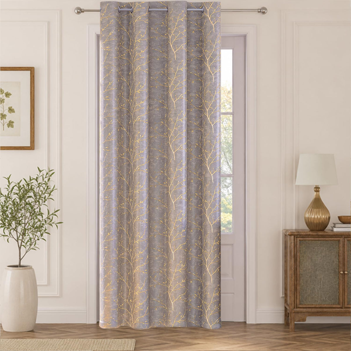 HOKIPO Shimmer Foil Printed Curtains, 7 Feet Long - Taupe - image 2