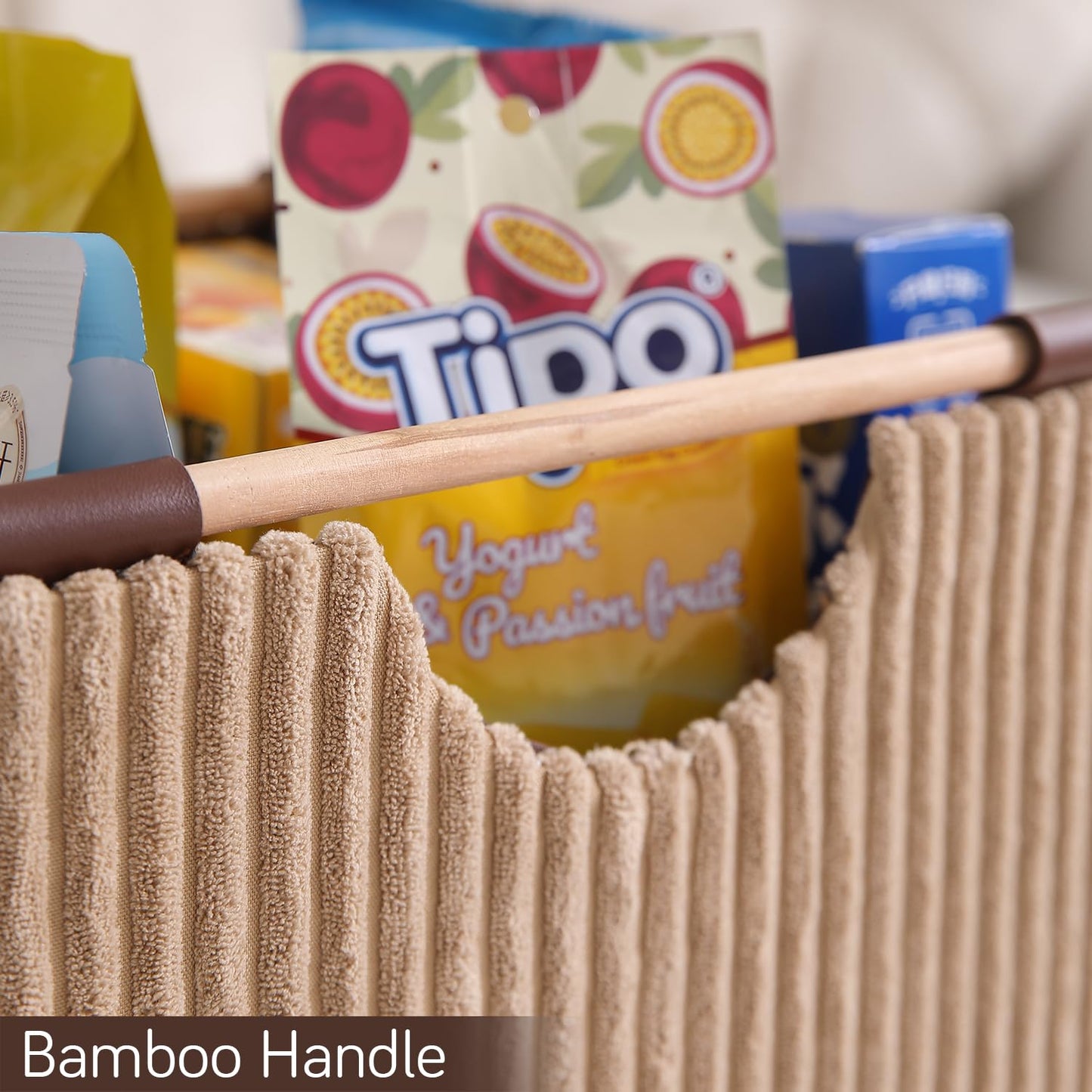 Premium Foldable Storage Bin with Wooden Handles | Corduroy Fabric Organizer Box for Wardrobe, Books, Clothes & Misc Items, Camel