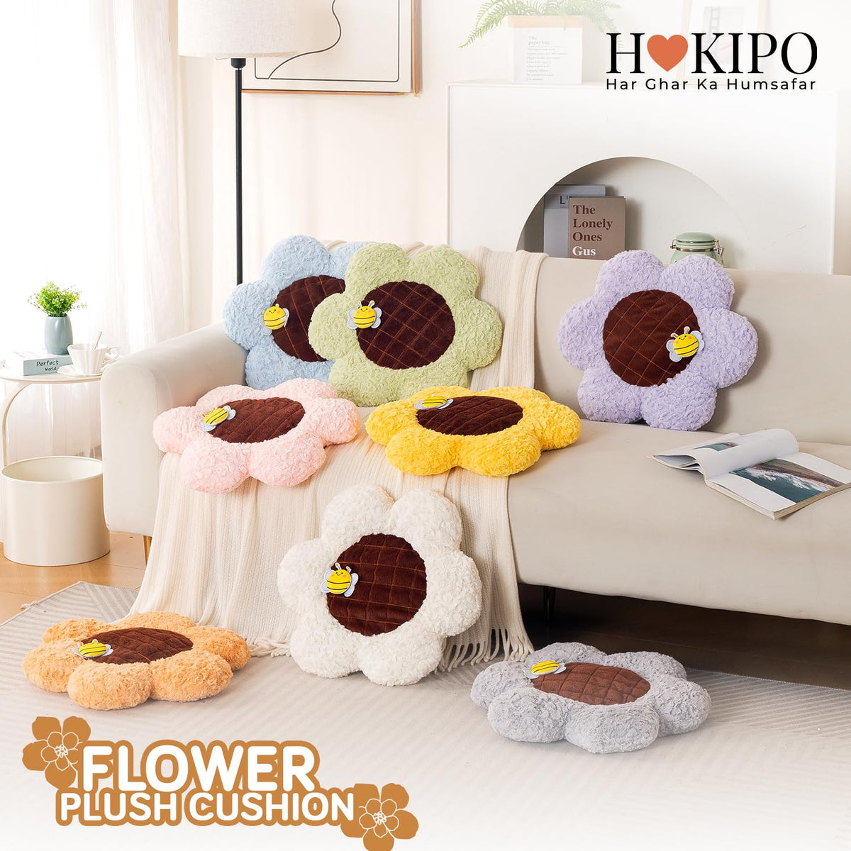 HOKIPO Sunflower Bee Cushion for Sofa & Bed, 50 cm, Peach