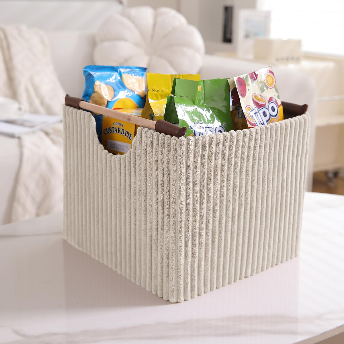 Premium Foldable Storage Bin with Wooden Handles | Corduroy Fabric Organizer Box for Wardrobe, Books, Clothes & Misc Items, Cream
