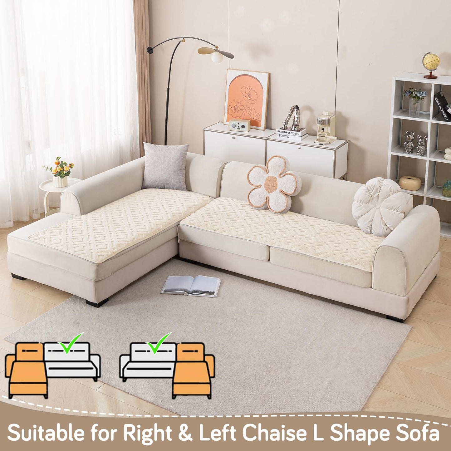 Velvet Maze Premium L Shape Sofa Cover Seat Mat, Beige