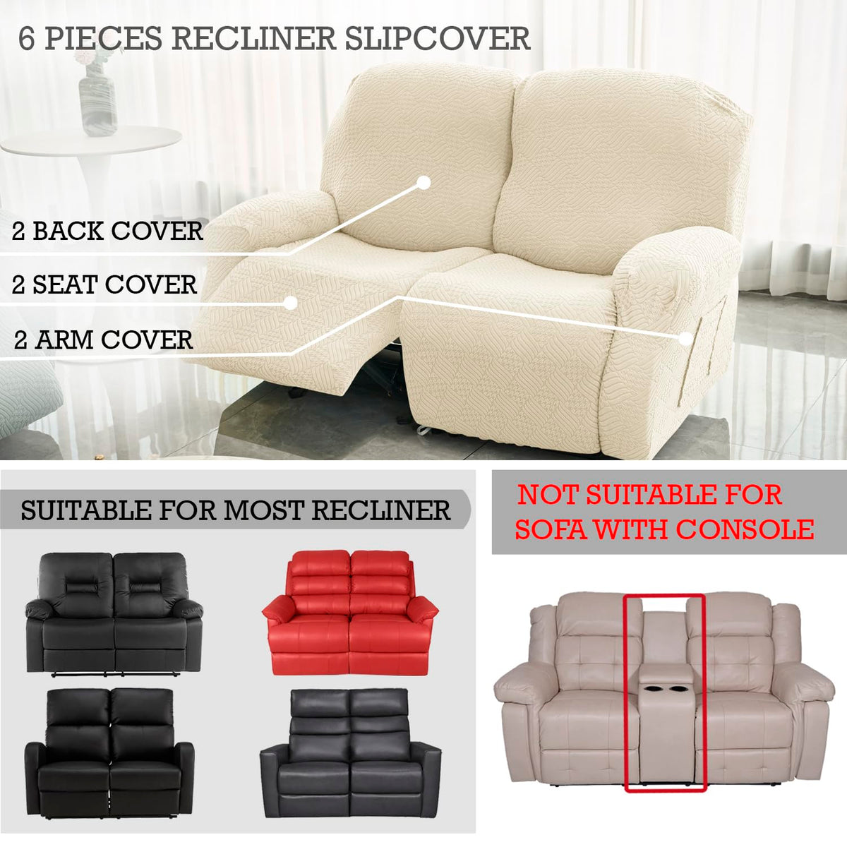 Buy Beige Colour Jacquard 6 Pieces Recliner Slipcover | HOKIPO