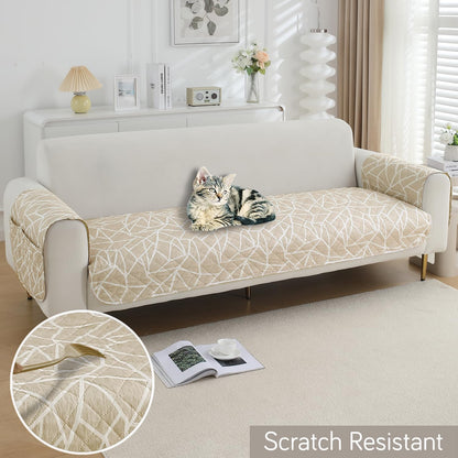 Waterproof Quilted Sofa Seat Mat for 1/2/3 Seater with 2 Armrest Covers with Pockets, Beige Abstract Geometry