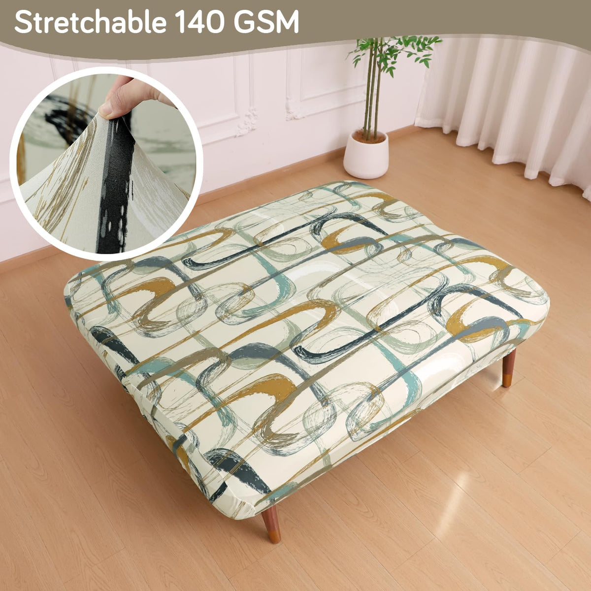 Buy Parchement Beige Abstract Art Printed 140 GSM Stretchable Sofa Cum Bed Cover for Futon - HOKIPO