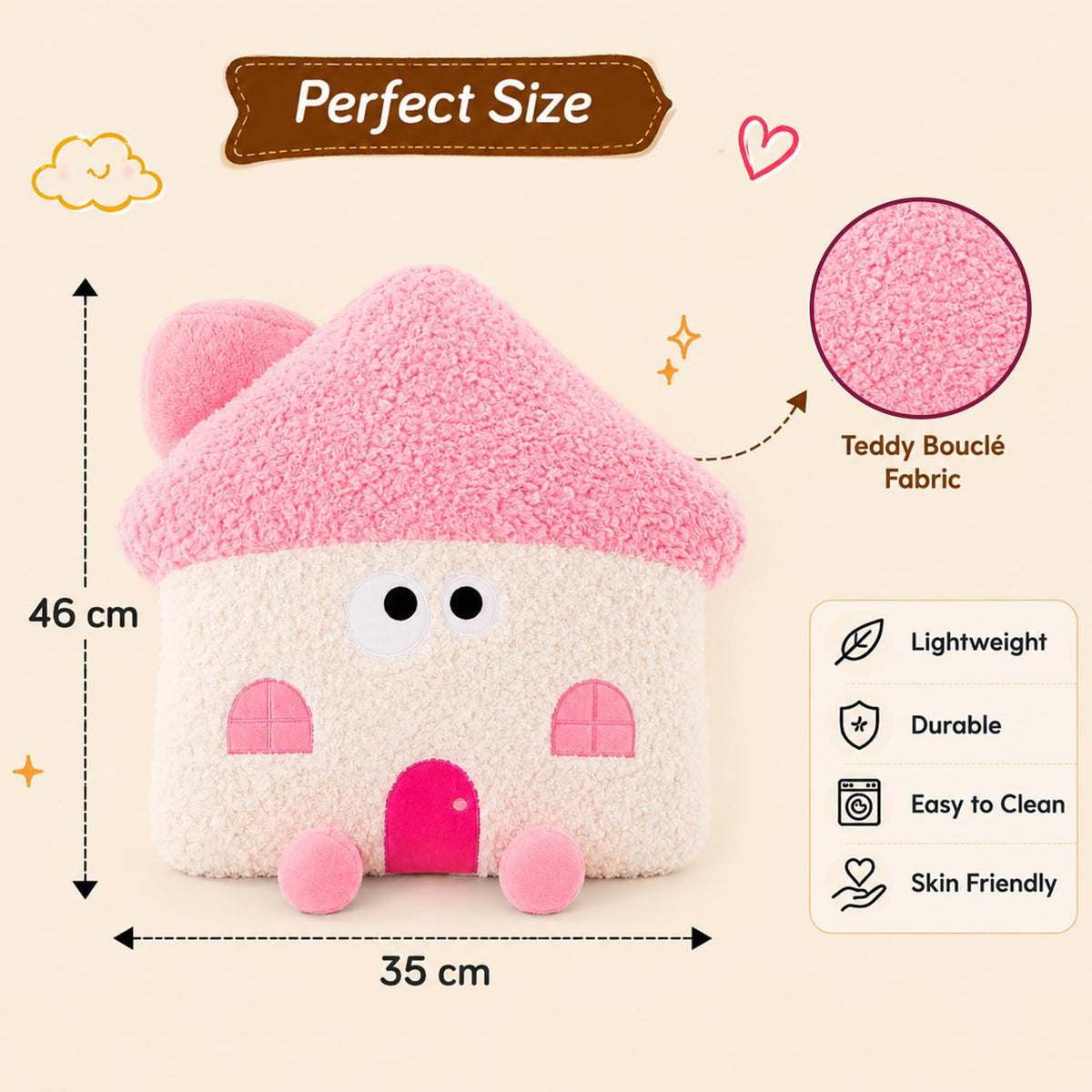 HOKIPO Mushroom House Shaped Cushion for Kids Room & Nursery, 46 cm, Cream