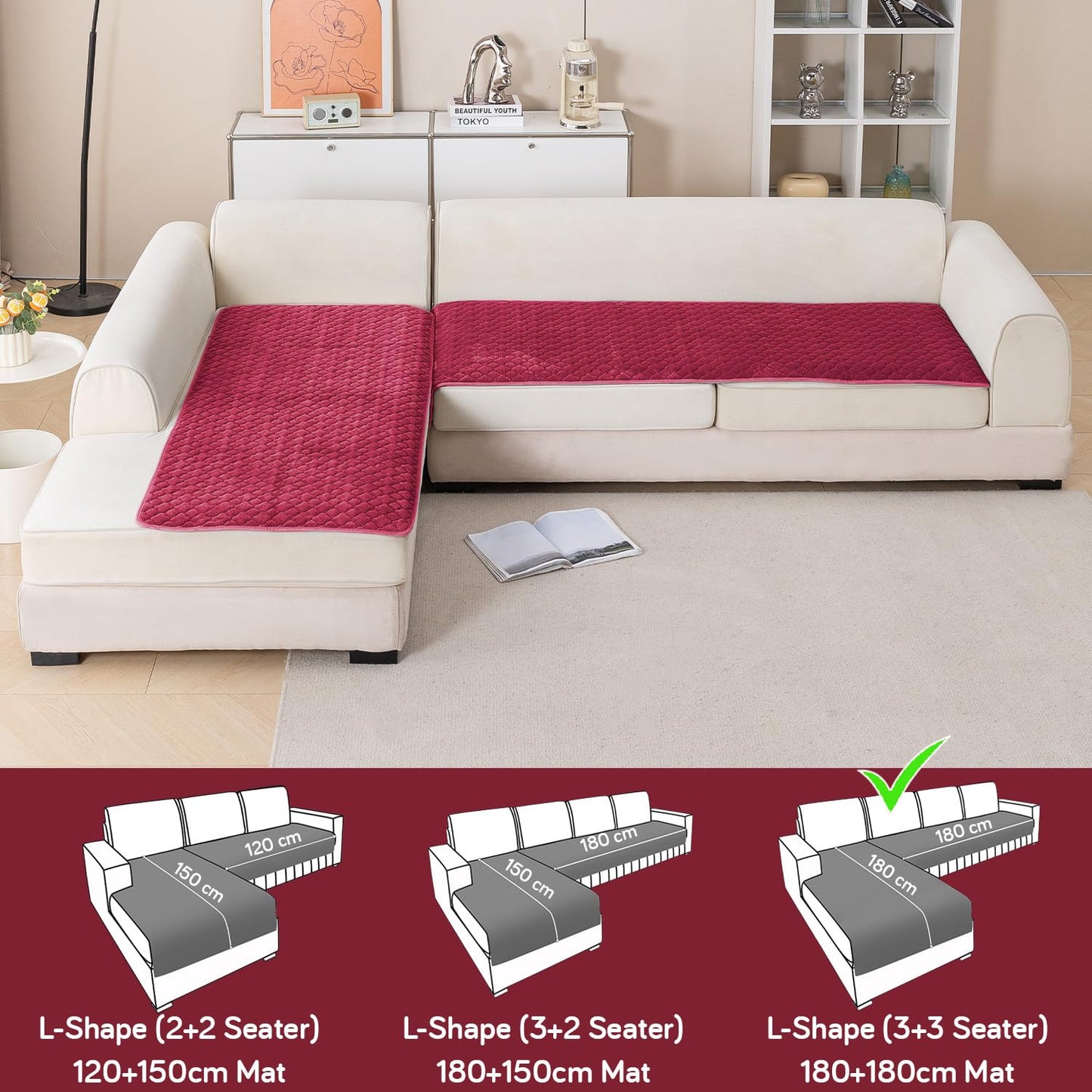 Diamond Plush Premium Quilted L Shape Sofa Cover Seat Mat, Wine