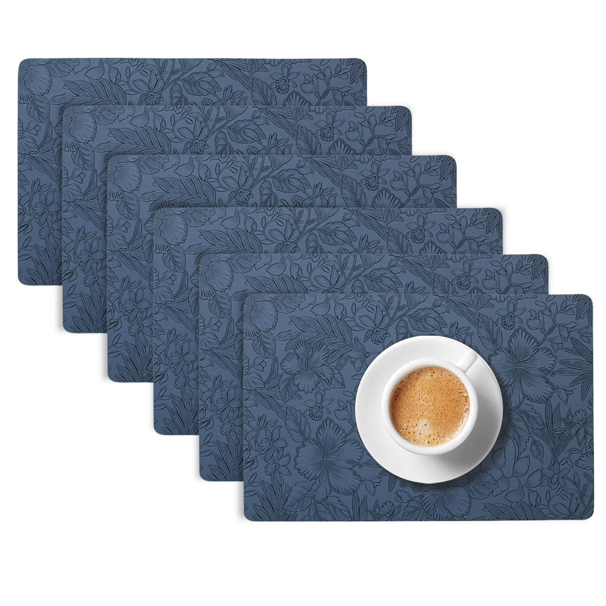 Hibiscus Bloom Washable Leather Mats for Dining Table - Navy Blue