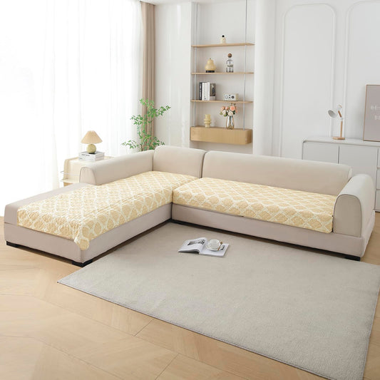 Quilted Printed L Shape Sofa Cover Mat for 2+2/3+2/3+3 Seater, Ogee Ivory