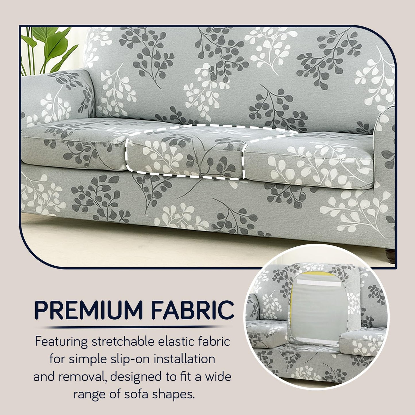 Printed Stretchable Sofa Slipcover with 1/2/3 Pc Separate Seat Cushion Cover for each 1/2/3 Seater, Grey Misty Branches