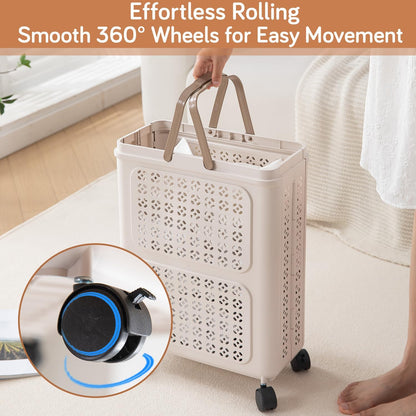 HOKIPO Foldable Laundry Basket with Wheels for Clothes, Toys & More - Beige