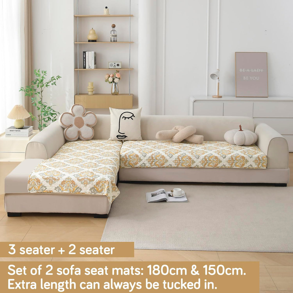 Quilted Printed L Shape Sofa Cover Mat for 2+2/3+2/3+3 Seater, Damask Beige