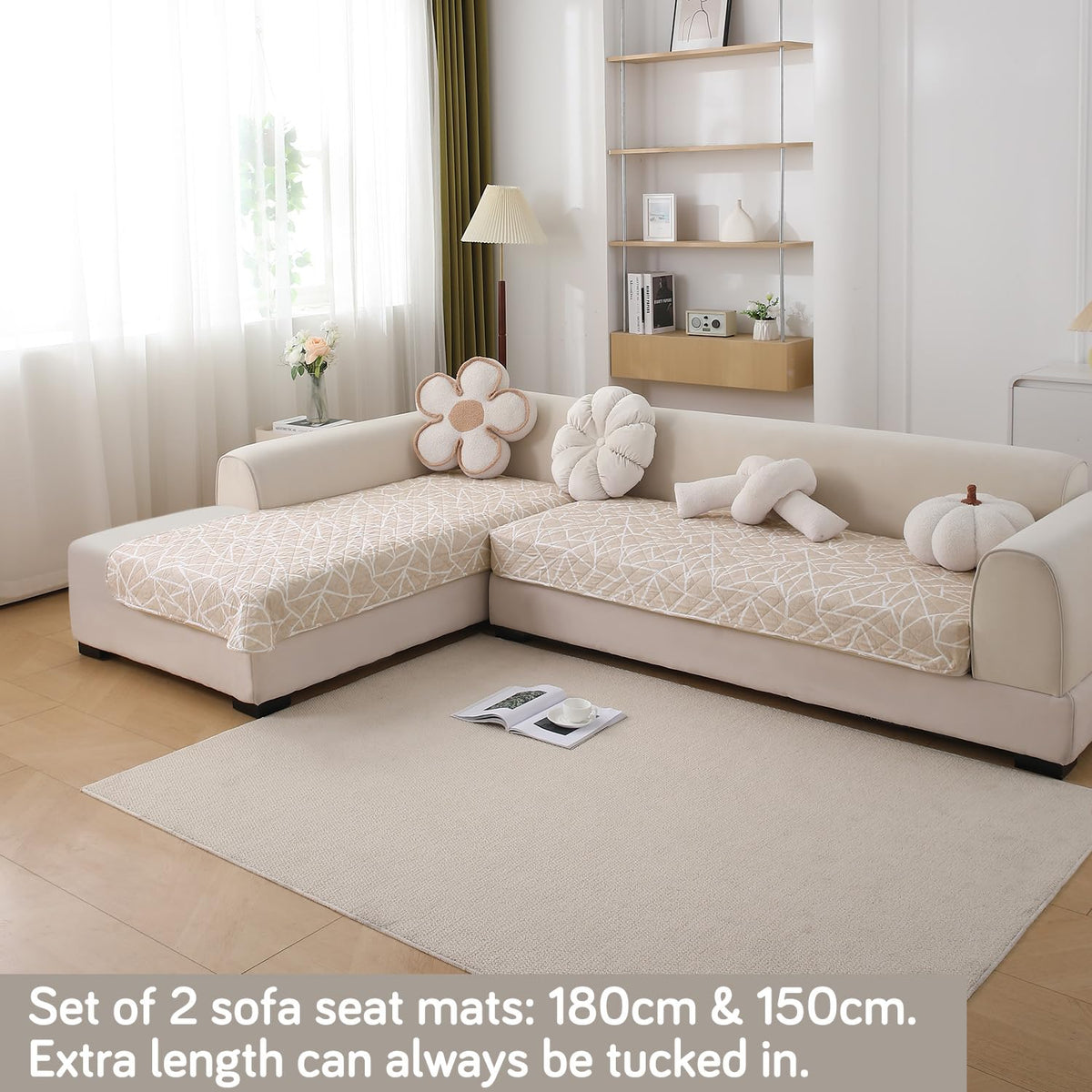 Waterproof Printed Quilted Quick Dry L Shape Sofa Seat Cover Mat, Beige Abstract Geometry