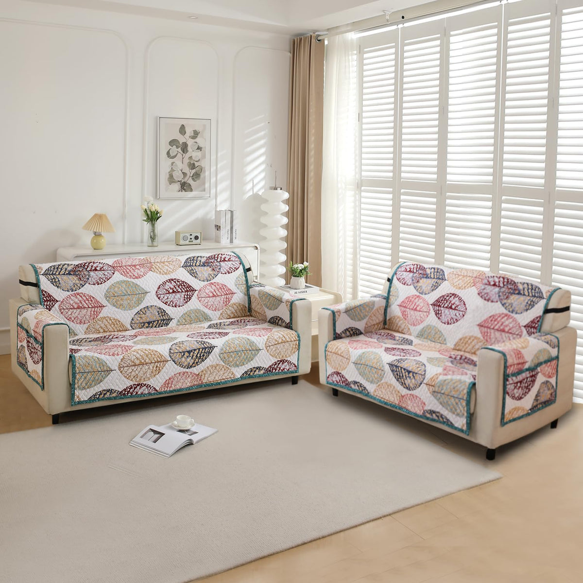 Multicolor Linden Leaf Printed quilted 5 seater sofa cover