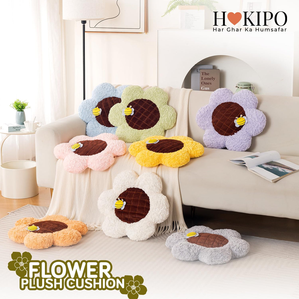 HOKIPO Sunflower Bee Cushion for Sofa & Bed, 50 cm, Green