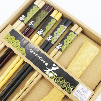 5 Pairs Wooden Bamboo Chopsticks with Rice Serving Spoon