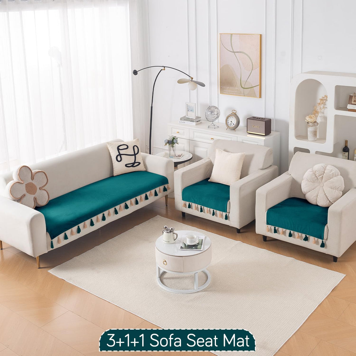 Premium Holland Velvet 5-Seater Sofa Cover (3+1+1), TasselTone Series | Teal