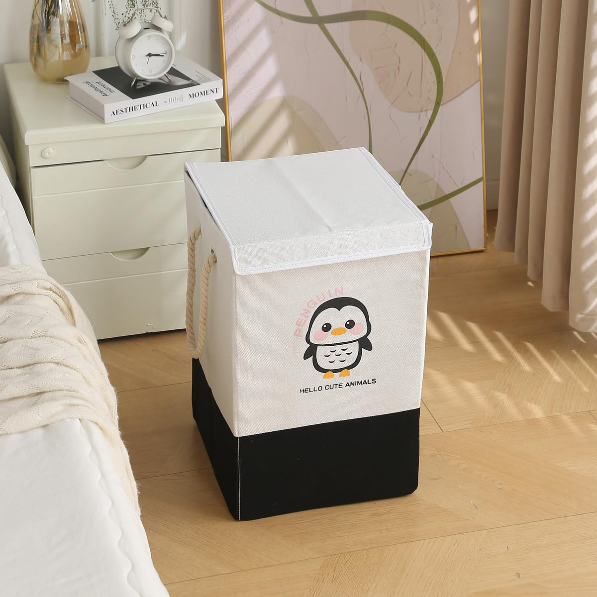 Foldable Laundry Basket for Clothes with Lid, Black - Penguin