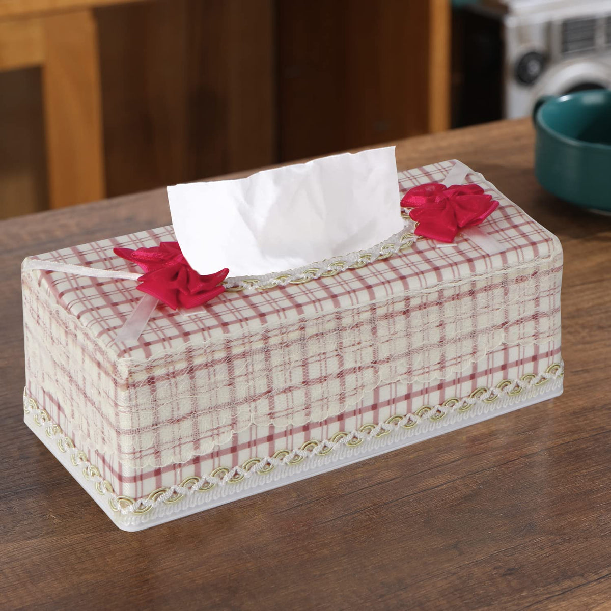 Plastic Tissue Box Holder, Checkered Pink