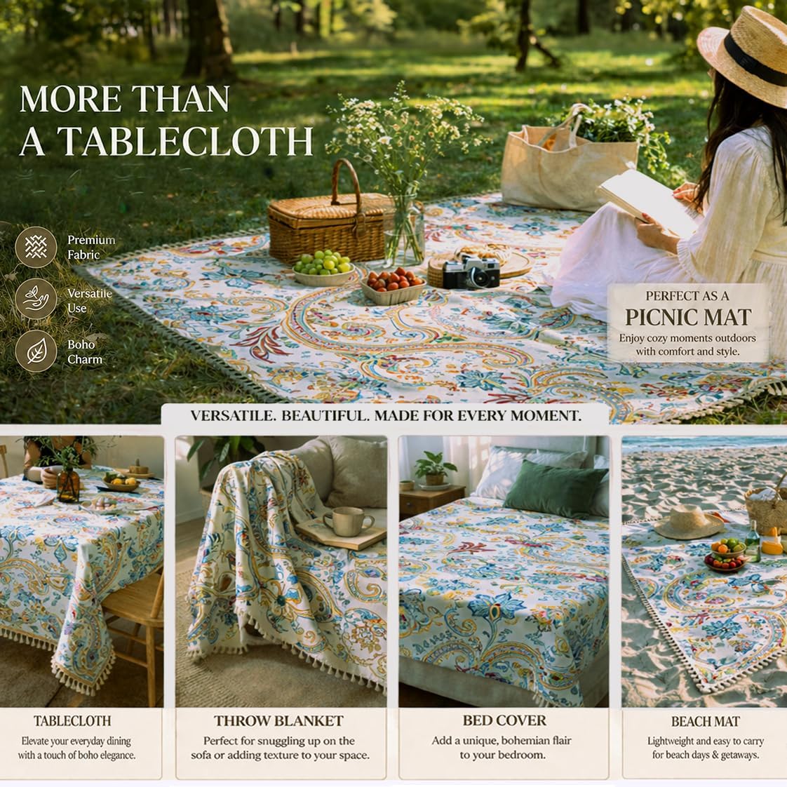 HOKIPO ShieldQuilt Table Cloth with Tassel Edge for 6 Seater, Celestial Garden - image 5