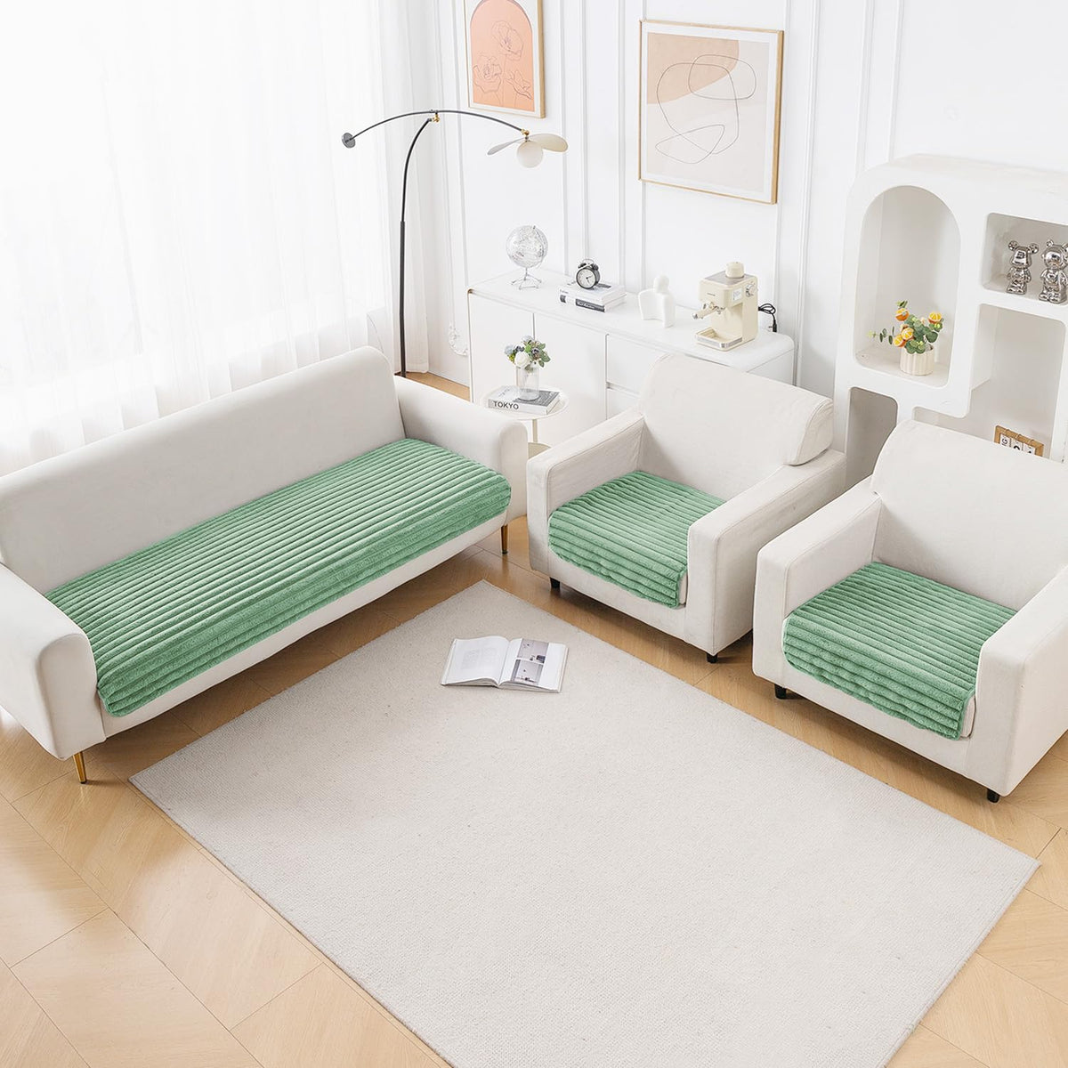 Faux Rabbit Fur Sofa Cover Combination Set, 'Snuggle Fur Series' Sage Green