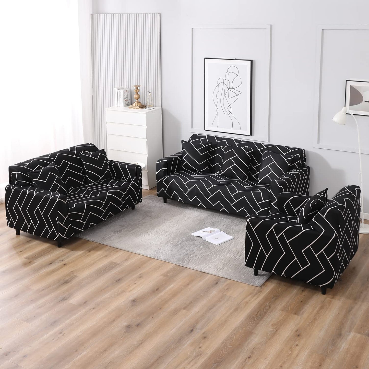 Stretchable Pack of 2 Cushion Cover 16x16 inch, Black Chevron