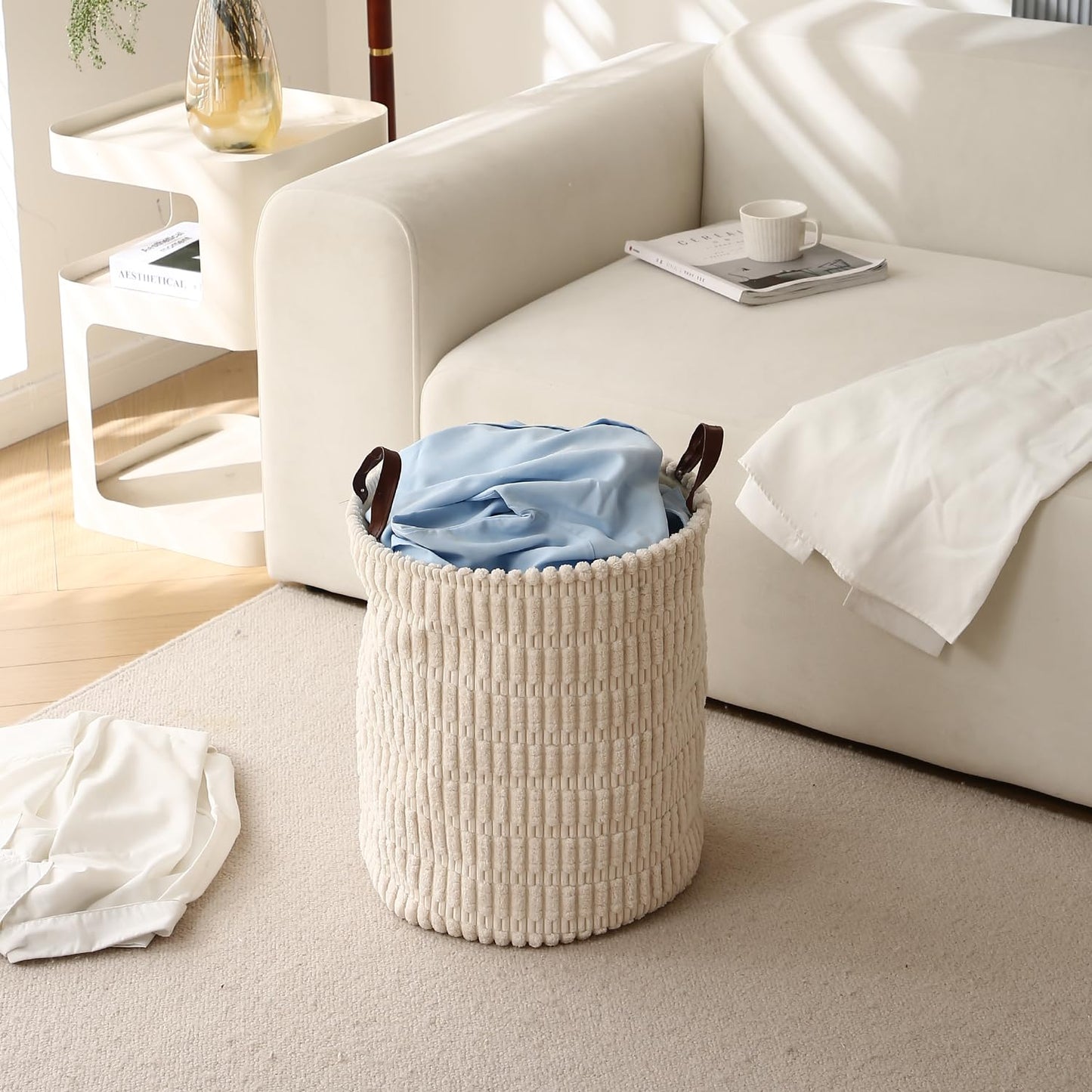 Folding Laundry Bag for Clothes Hamper Collapsible Storage Basket, Cream
