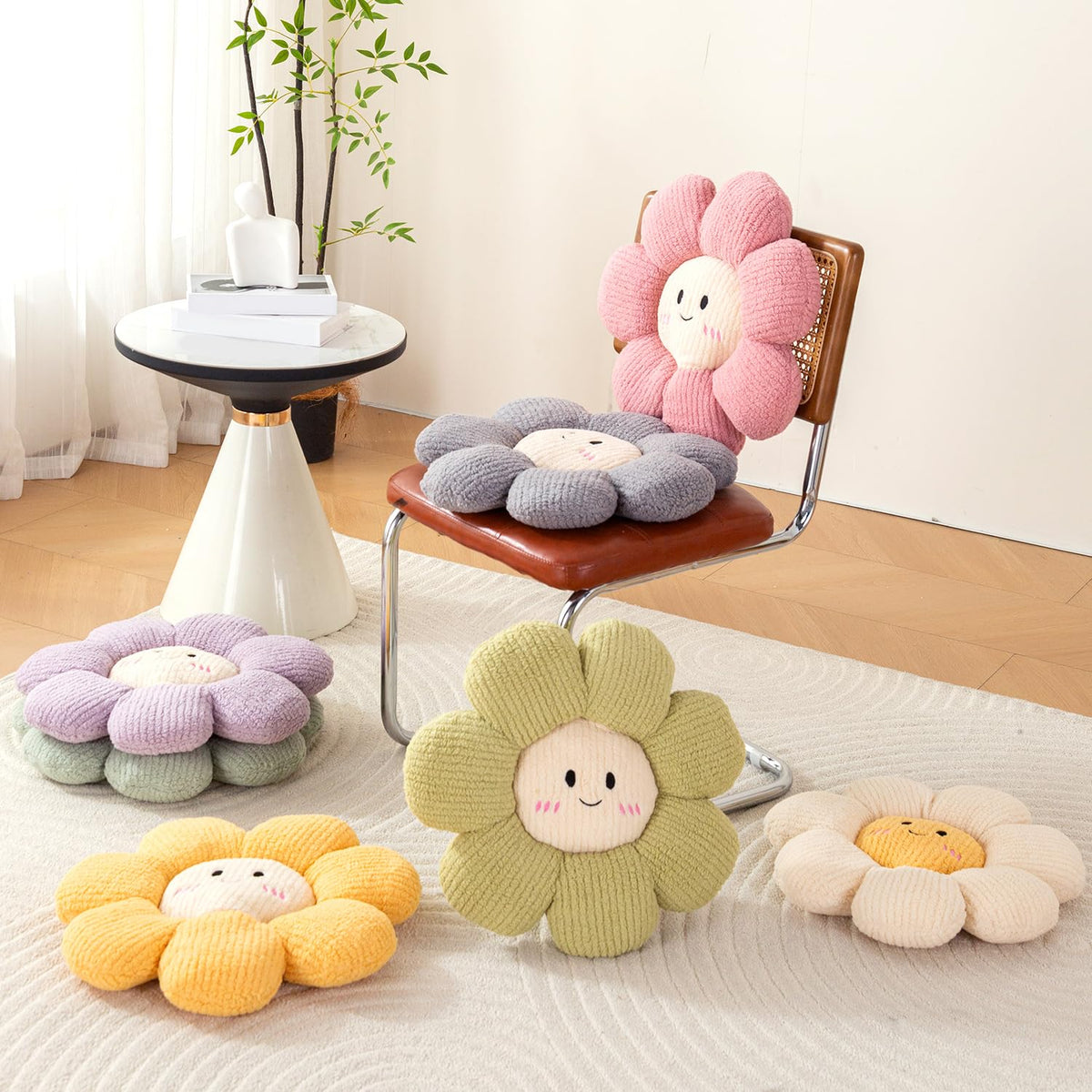 HOKIPO Smiley Flower Plush Throw Pillow for Sofa Couch Bed | Soft Decorative Floral Cushion with Cute Face for Kids Room, Bedroom & Living Room - 46 cm, Pistachio Green (AR-6729-LGRN)