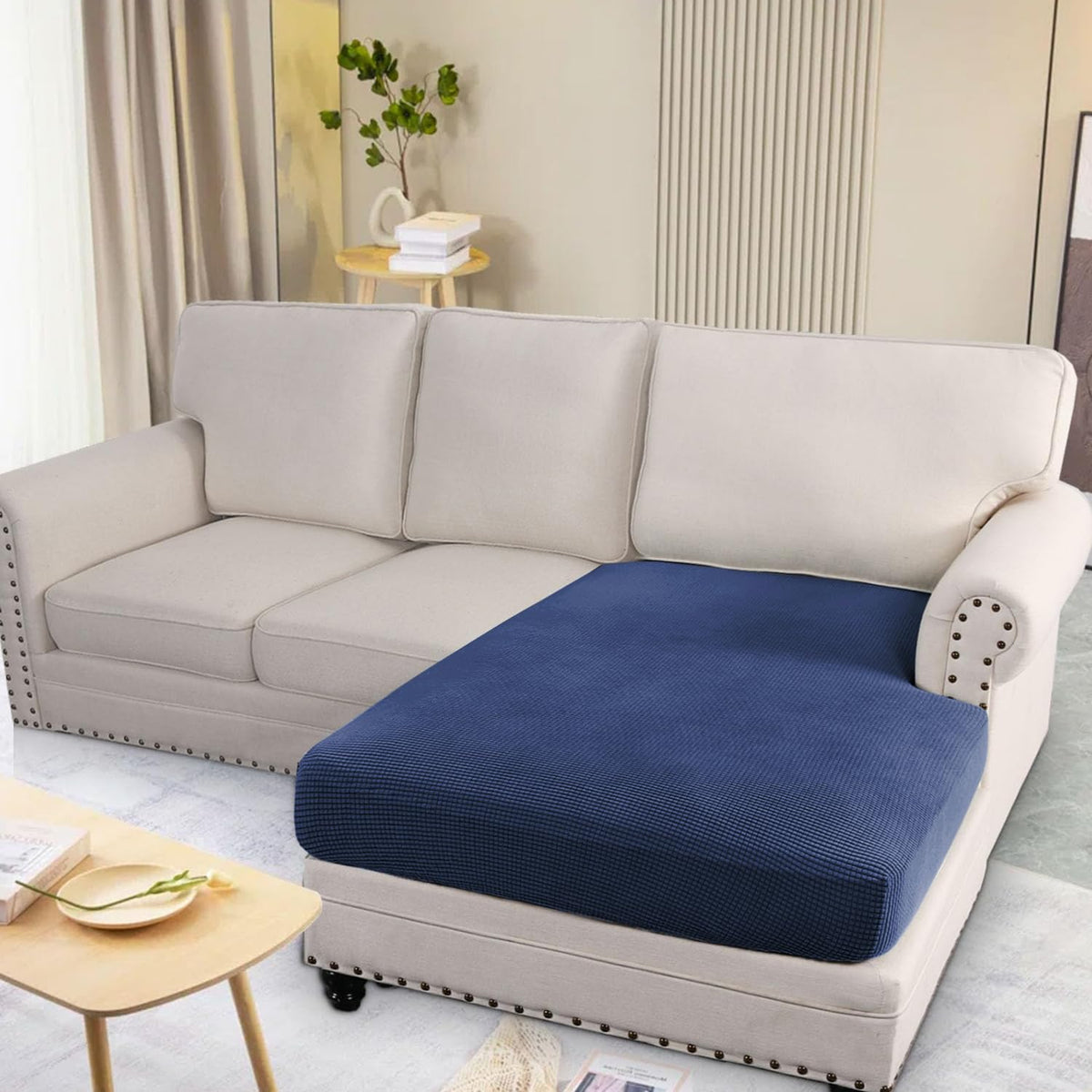 Stretchable Thick Jacquard Textured Seat Cushion Cover for 1/2/3 Seaters / Pieces for Sofa, Navy Blue