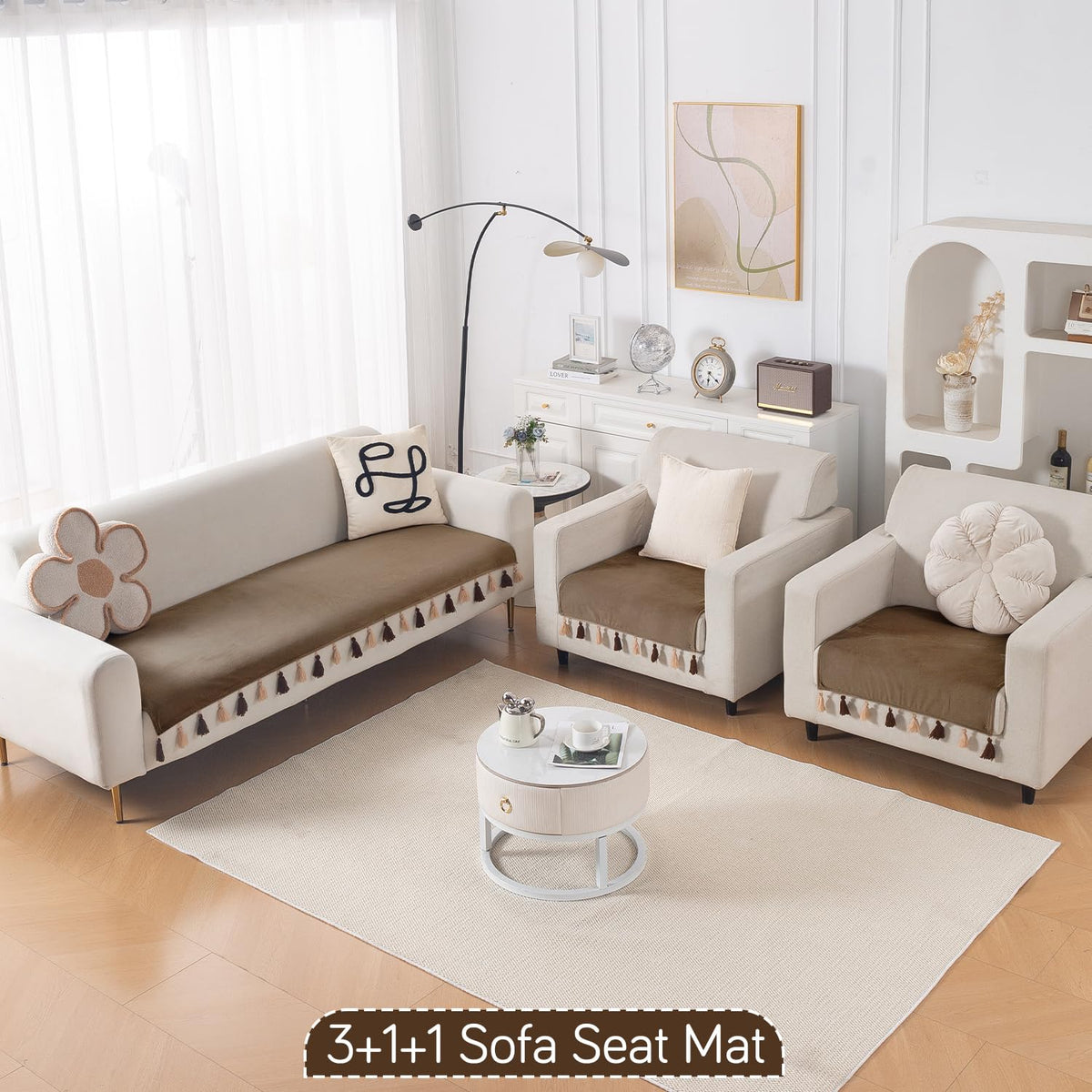 Premium Holland Velvet 5-Seater Sofa Cover (3+1+1), TasselTone Series | Warm Taupe